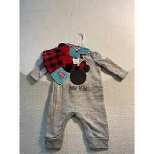 Disney Baby‎ Sister Minnie Mouse Outfit Set 0-3M Romper Hat Bow Socks Gray Red